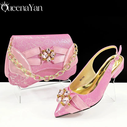 Elegant Pink Rhinestone Low-Heel Shoes & Handbag Set – Luxury Wedding & Party Accessories