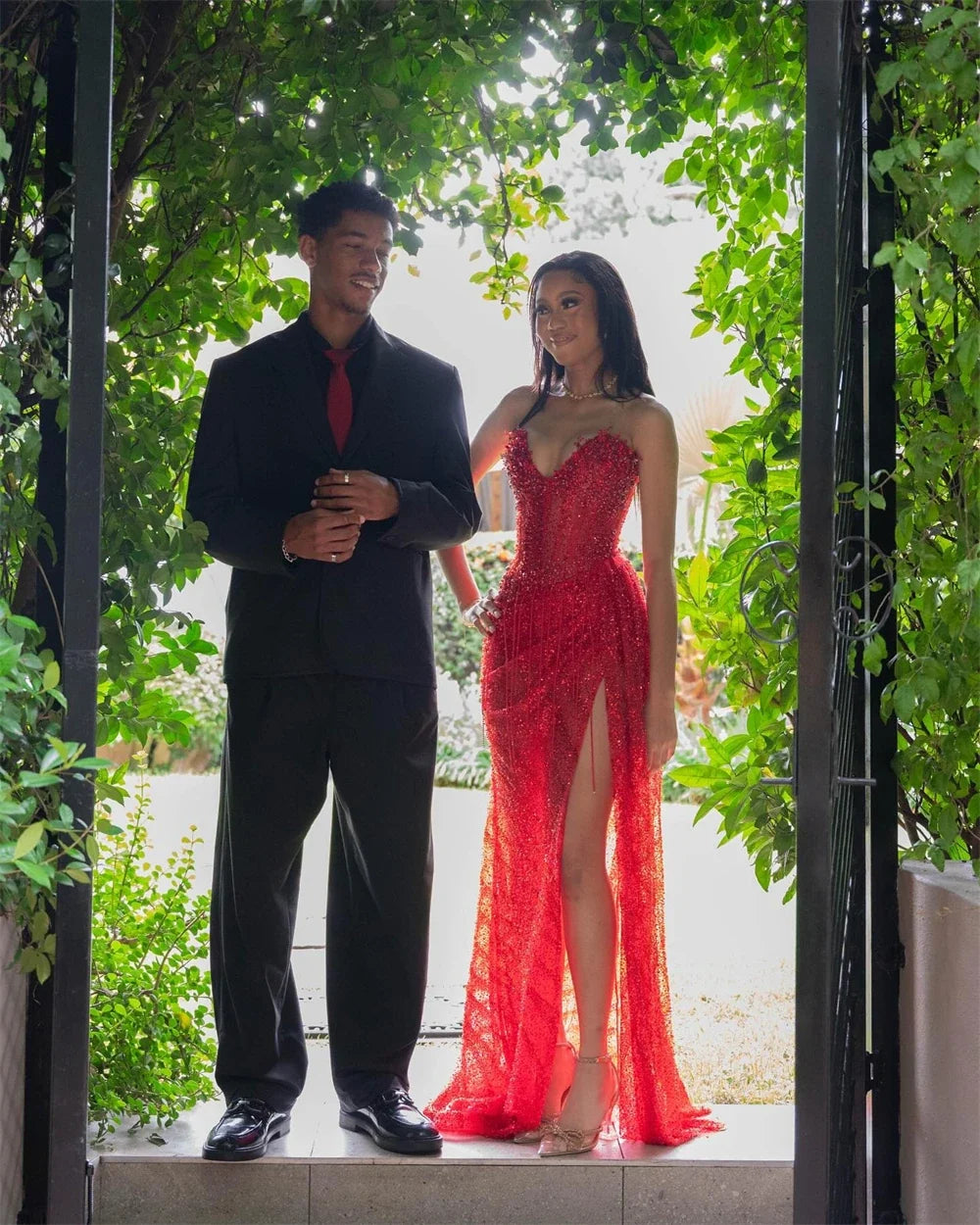 Customized Red Trumpet Corset Side High Split Prom Dress Pleats Sleeveless Vestidos De Noche Floor-Length Formal Evening