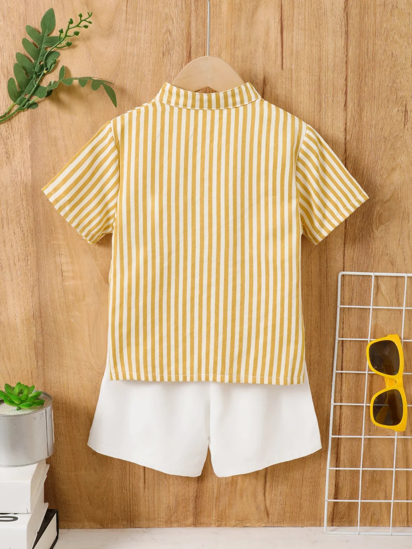 Young Boy Striped Stand Collar Short Sleeve Shirt And Shorts Set