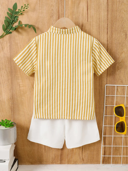 Young Boy Striped Stand Collar Short Sleeve Shirt And Shorts Set