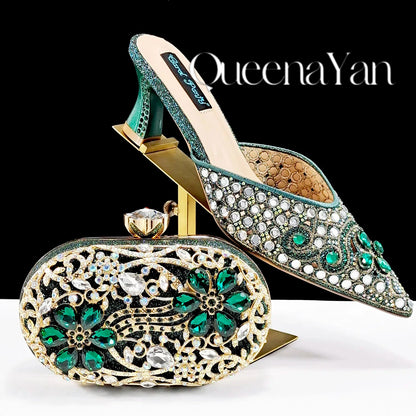 Luxury Pink Rhinestone Party Shoes and Clutch for Women- Elegant Crystal Heels with Matching Evening Bag
