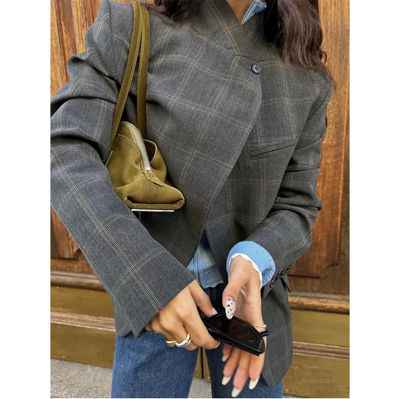 2026 Spring Female Coats Stand Collar Asymmetrical Pockets Gray Plaid Blazers Autumn Woman's Outerwear Clothing Vintage Street