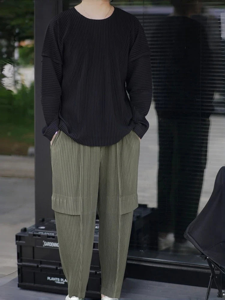 Pleated Man Loose Cargo Pants Nine-point Pants Fashion Casual Streetwear Miyake Pants