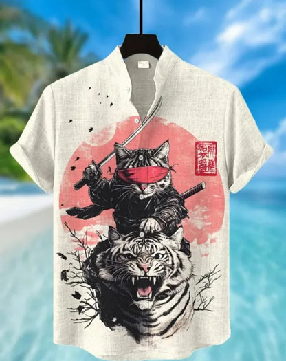 Men's Samurai Hawaiian Shirt Casual Short Sleeve Top Loose Clothing Fashion Retro Summer Shirt