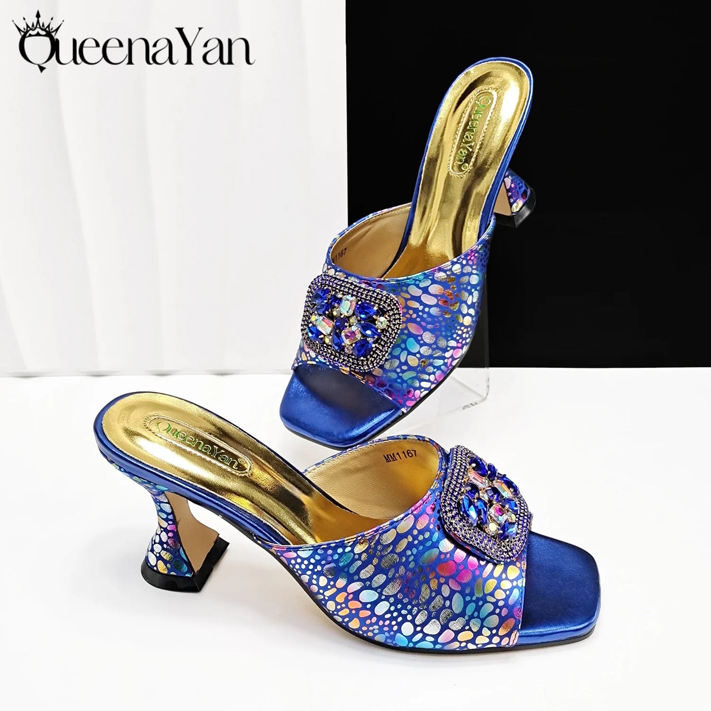 Italian Fashion Design Shoes and Bags Matching Set 2025 Peep Toe High Heels Blue Color Rhinestones Women Shoes for Party