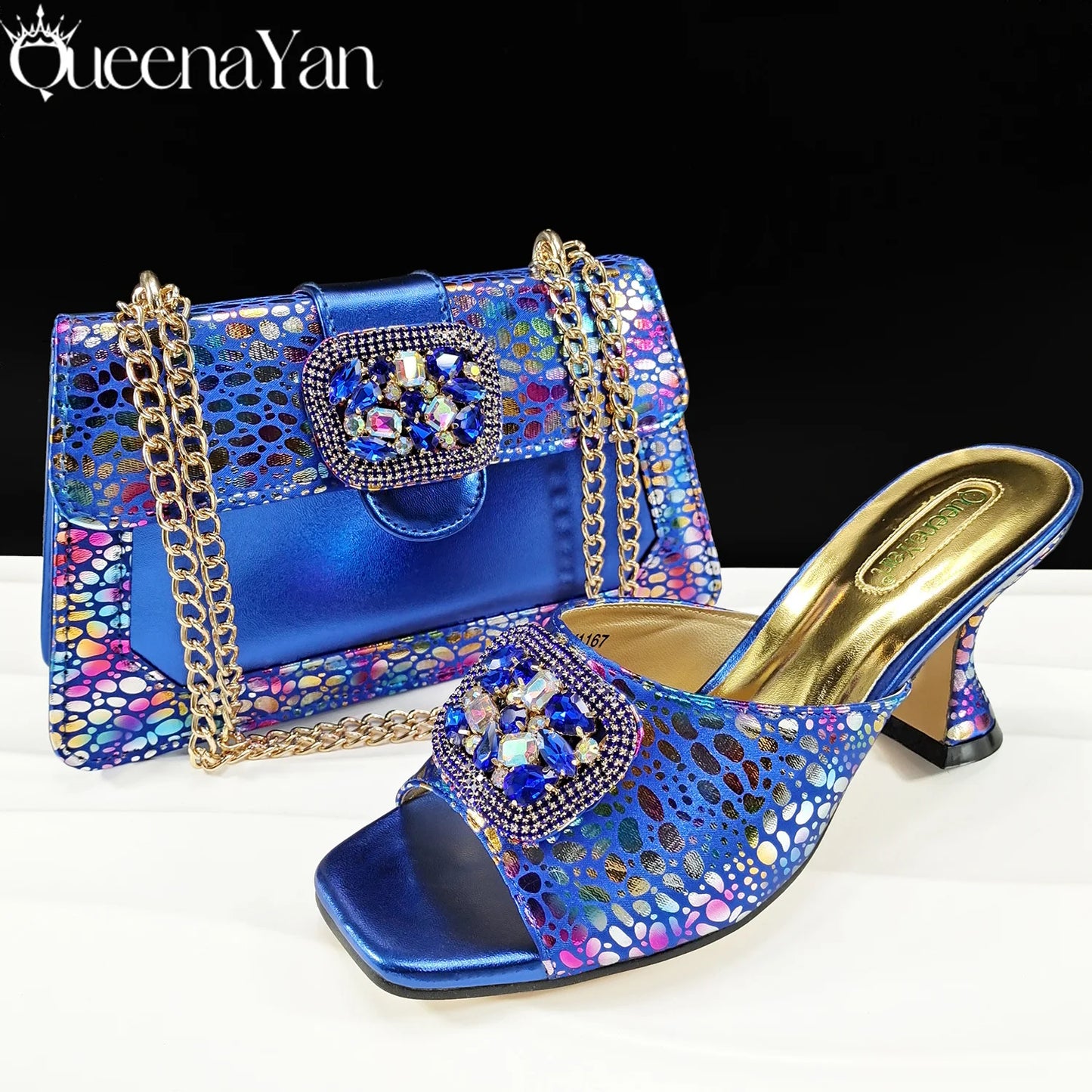 Italian Fashion Design Shoes and Bags Matching Set 2025 Peep Toe High Heels Blue Color Rhinestones Women Shoes for Party
