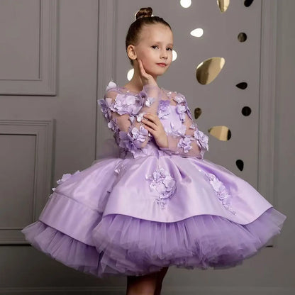 J780 Charming Full Appliqued Pearled Satin Tull Lilac Flower Girl Dress With Bow Wedding Party Spring Short Ball Gown