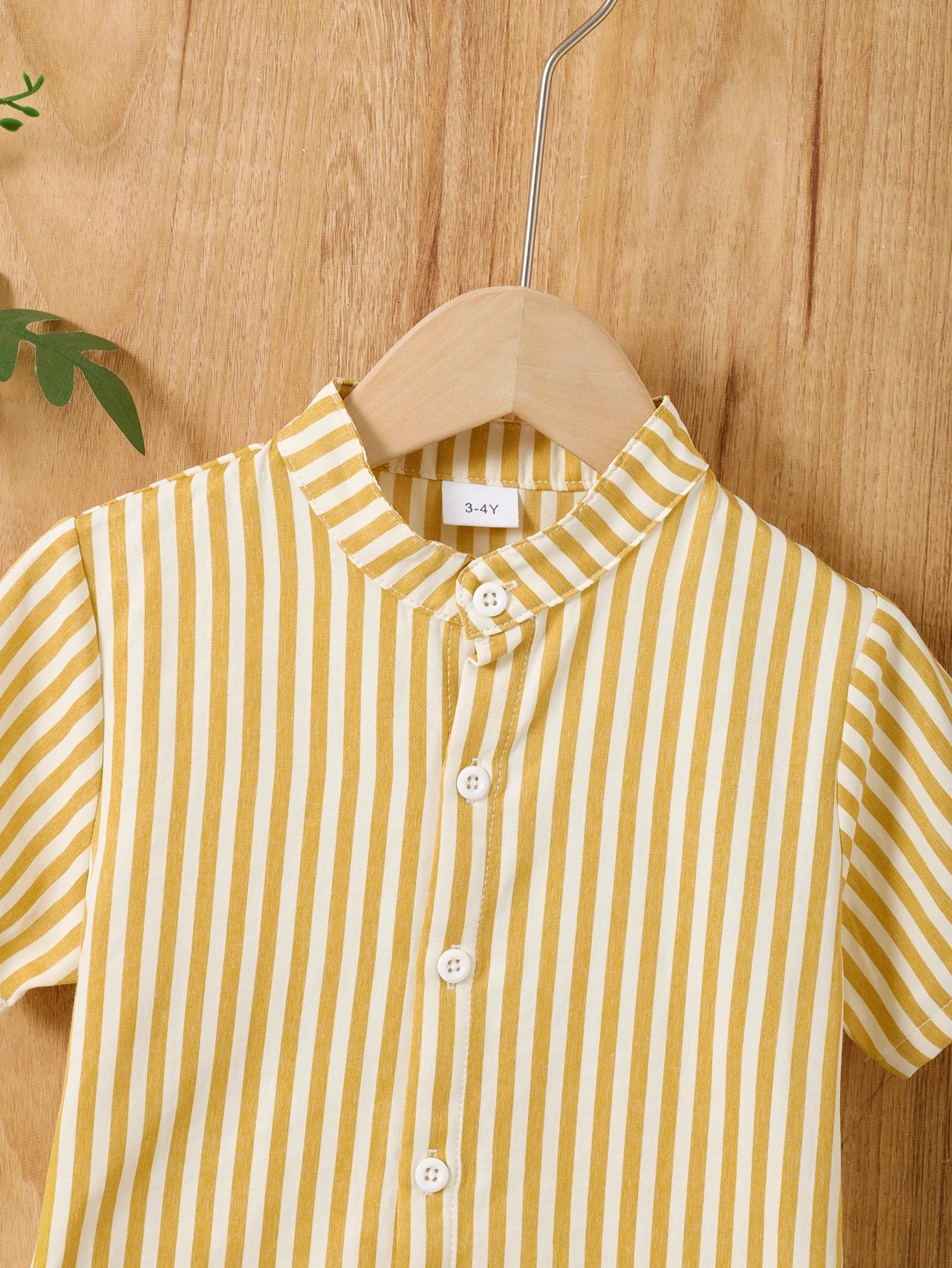 Young Boy Striped Stand Collar Short Sleeve Shirt And Shorts Set