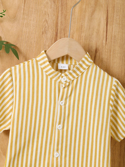 Young Boy Striped Stand Collar Short Sleeve Shirt And Shorts Set
