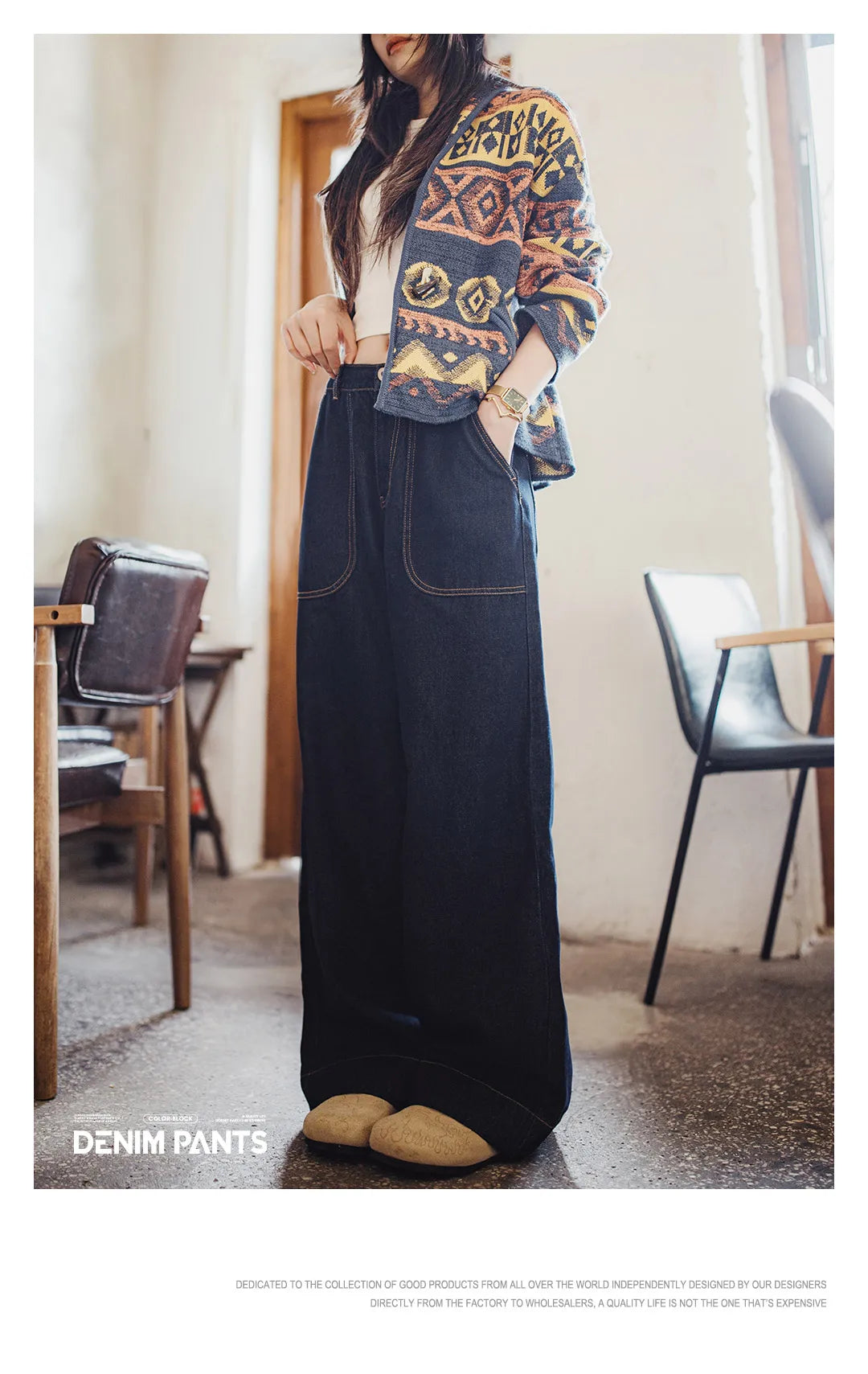 Women’s Loose Straight Leg Denim Jeans  Casual Pants with Paris Buckle Wide Leg Autumn Vintage Trousers