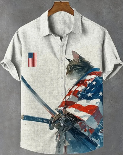 Men's Samurai Hawaiian Shirt Casual Short Sleeve Top Loose Clothing Fashion Retro Summer Shirt