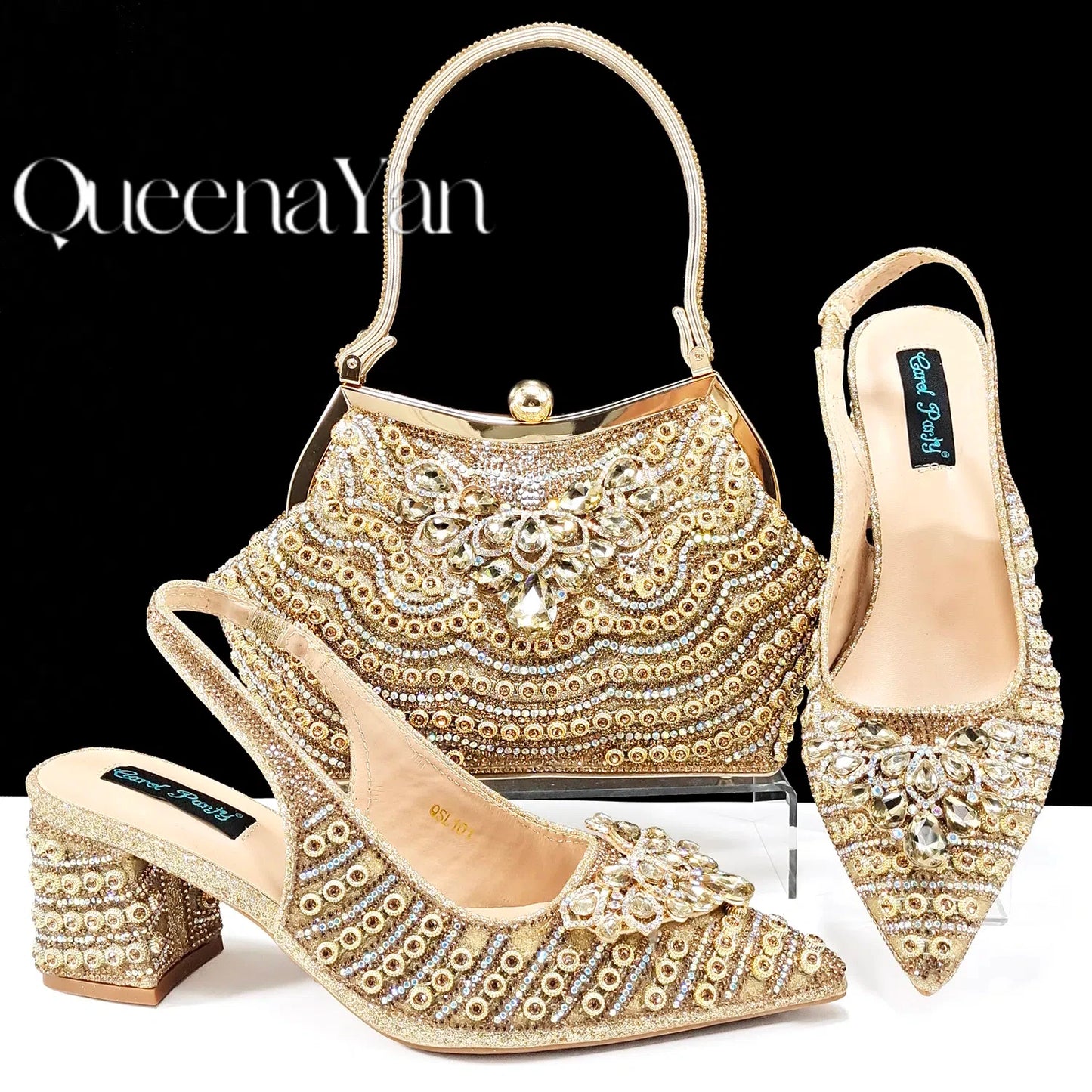 Dazzling Dreams: Full Rhinestone High Heels and Coordinated Bag for Timeless Style