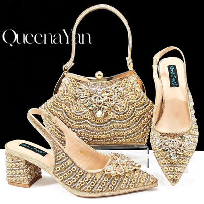 Dazzling Dreams: Full Rhinestone High Heels and Coordinated Bag for Timeless Style