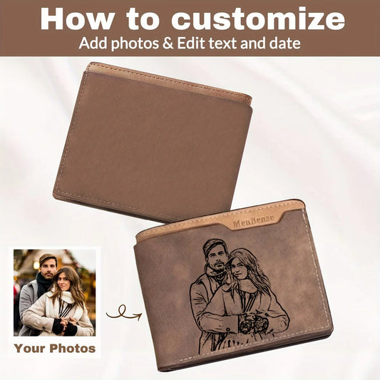 Portefeuille photo personnalisé pour hommes, portefeuille gravé personnalisé, cadeau de fête des Pères pour papa, cadeau d'anniversaire de mariage et d'anniversaire.