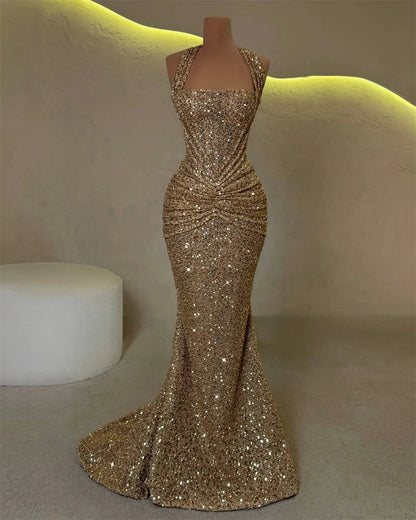Customized Champagne Mermaid Halter Neck Shiny Sequins Prom Dress Sleeveless Vestidos De Noche Floor-Length Formal Evening