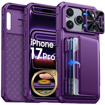 Halloween Gifts With Card Holder Sliding Camera Cover And Stand For iPhone 17 Pro Case,Anti-Fall PC+TPU Wallet Case-Black
