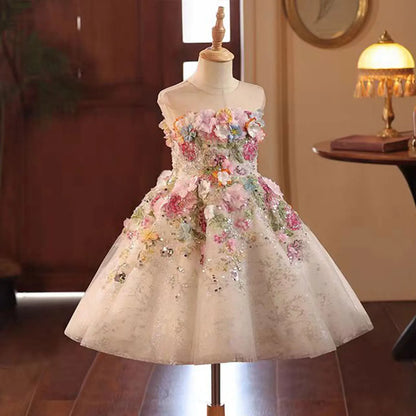 J404A Floral Flower Girl Dress Lace Flowers Sleeveless Princess Toddler Kids Wedding 1st Birthday Pageant Party Gown