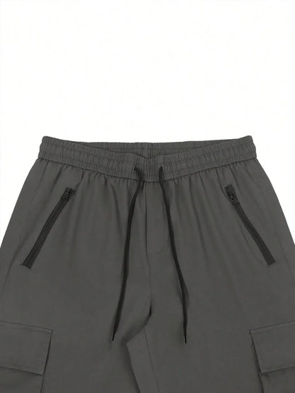 Men's 3/4-Length Cargo Shorts — Woven Twill Fabric, Multi-Pocket Casual Trousers. Non-Stretch Adult Apparel for Summer