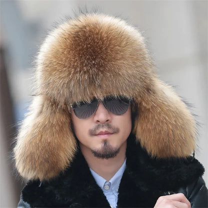 2024 Winter Hat Men Trapper Russian Sliver Fox Hat Ushanka Mens Hats Fashion Raccoon Fur Hats Caps Ski Hat Bomber Real Fur Hat