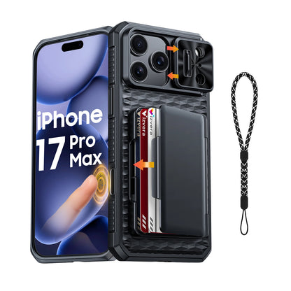 With Card Holder Sliding Camera Cover And Stand For iPhone 17 Pro/17 Pro Max Phone Case, Anti-Fall PC+TPU Wallet Case-Orange