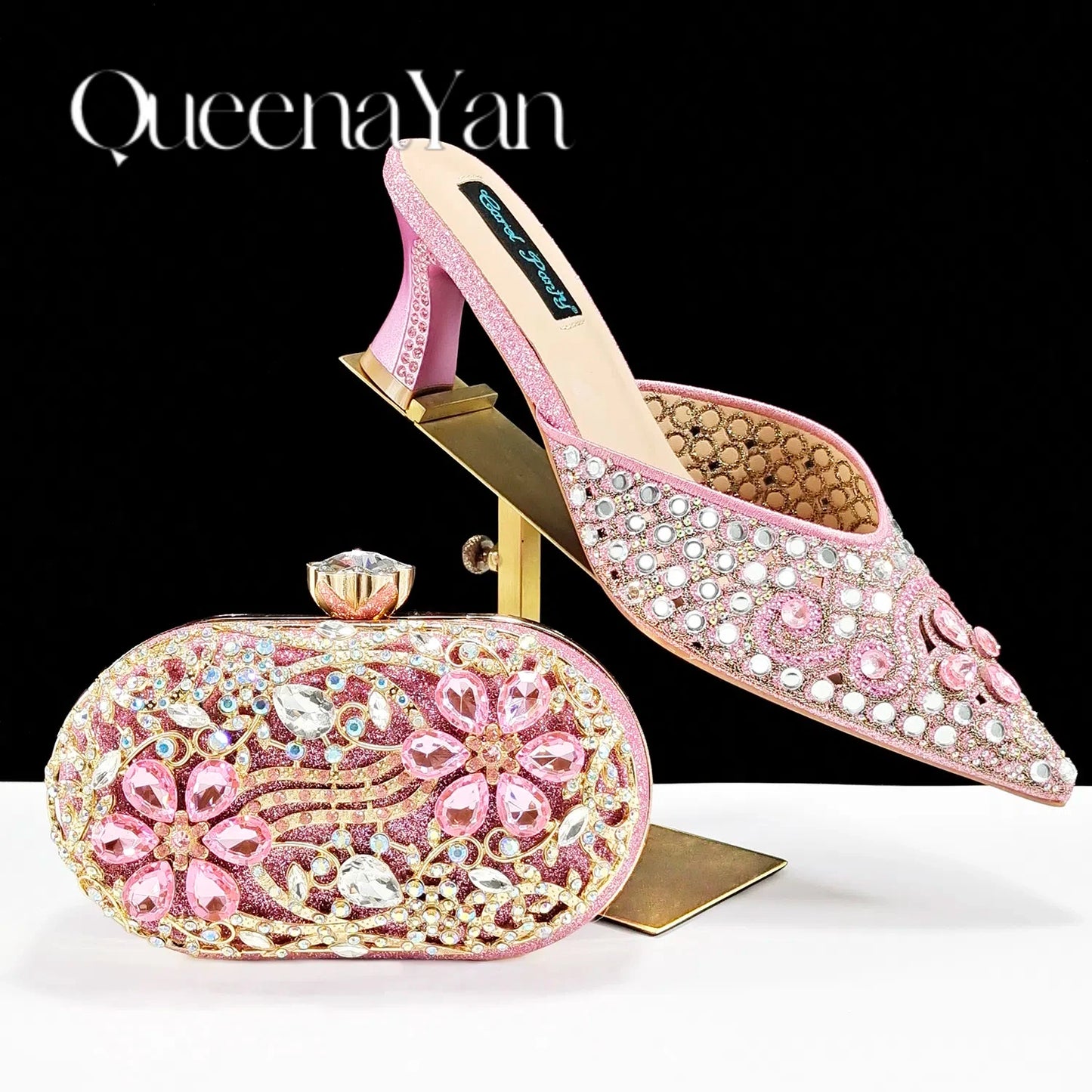 Luxury Pink Rhinestone Party Shoes and Clutch for Women- Elegant Crystal Heels with Matching Evening Bag