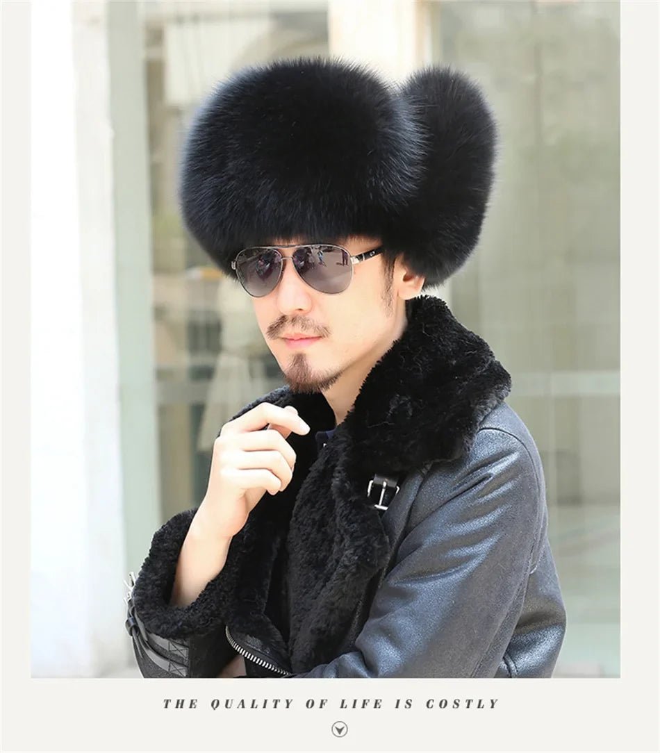 2024 Winter Hat Men Trapper Russian Sliver Fox Hat Ushanka Mens Hats Fashion Raccoon Fur Hats Caps Ski Hat Bomber Real Fur Hat