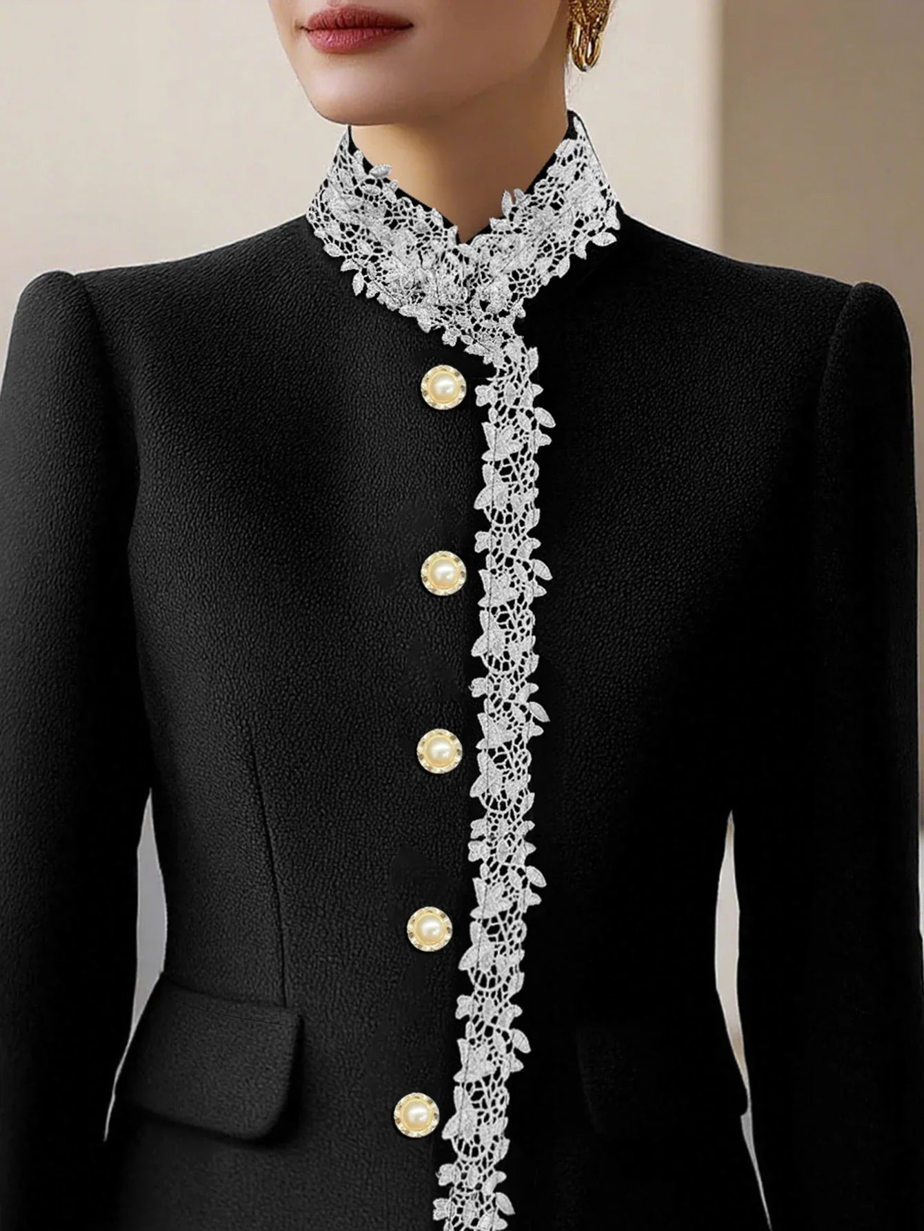 New Autumn/Winter Collection: Stylish and Elegant Women's Blazer Featuring Pearl Buttons and Contrasting Lace Trim