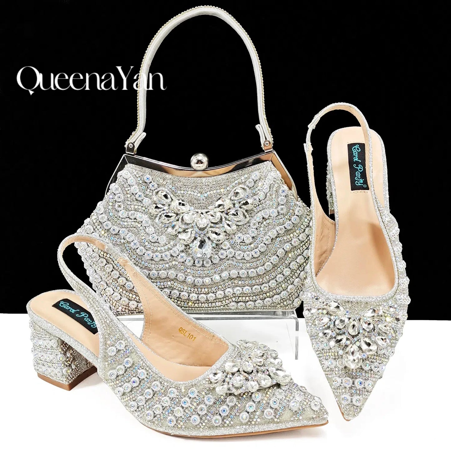 Dazzling Dreams: Full Rhinestone High Heels and Coordinated Bag for Timeless Style