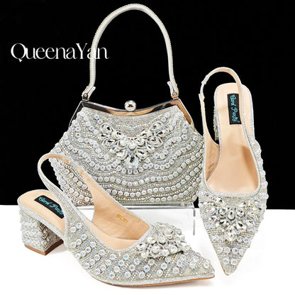 Dazzling Dreams: Full Rhinestone High Heels and Coordinated Bag for Timeless Style