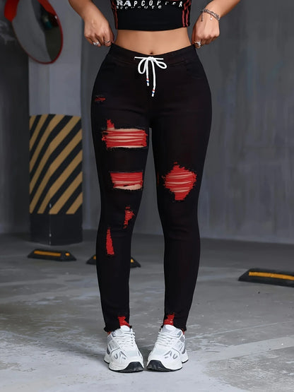 Women's Stretch Jeans Elastic Waist Drawstring Elegant Distressed Red Skinny Personalized Designer Style Suitable for All Seaso