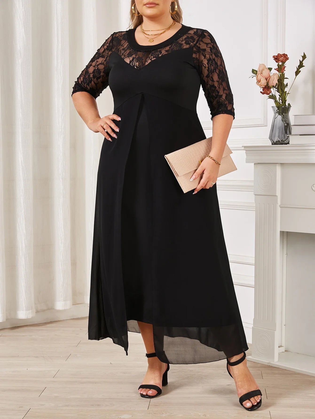 Summer Black Long Dress Female Lace Patchwork See Through Sexy Elegant and Pretty Women's Dresses Plus Size Women Clothing