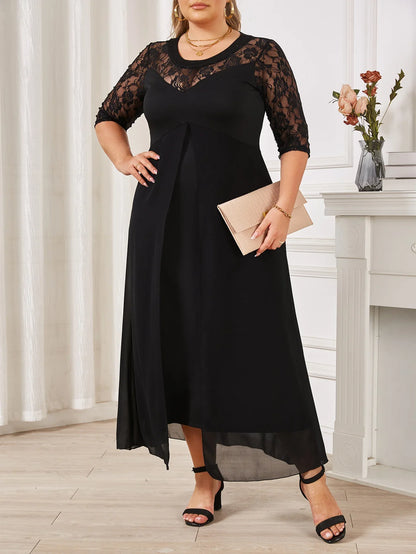 Summer Black Long Dress Female Lace Patchwork See Through Sexy Elegant and Pretty Women's Dresses Plus Size Women Clothing