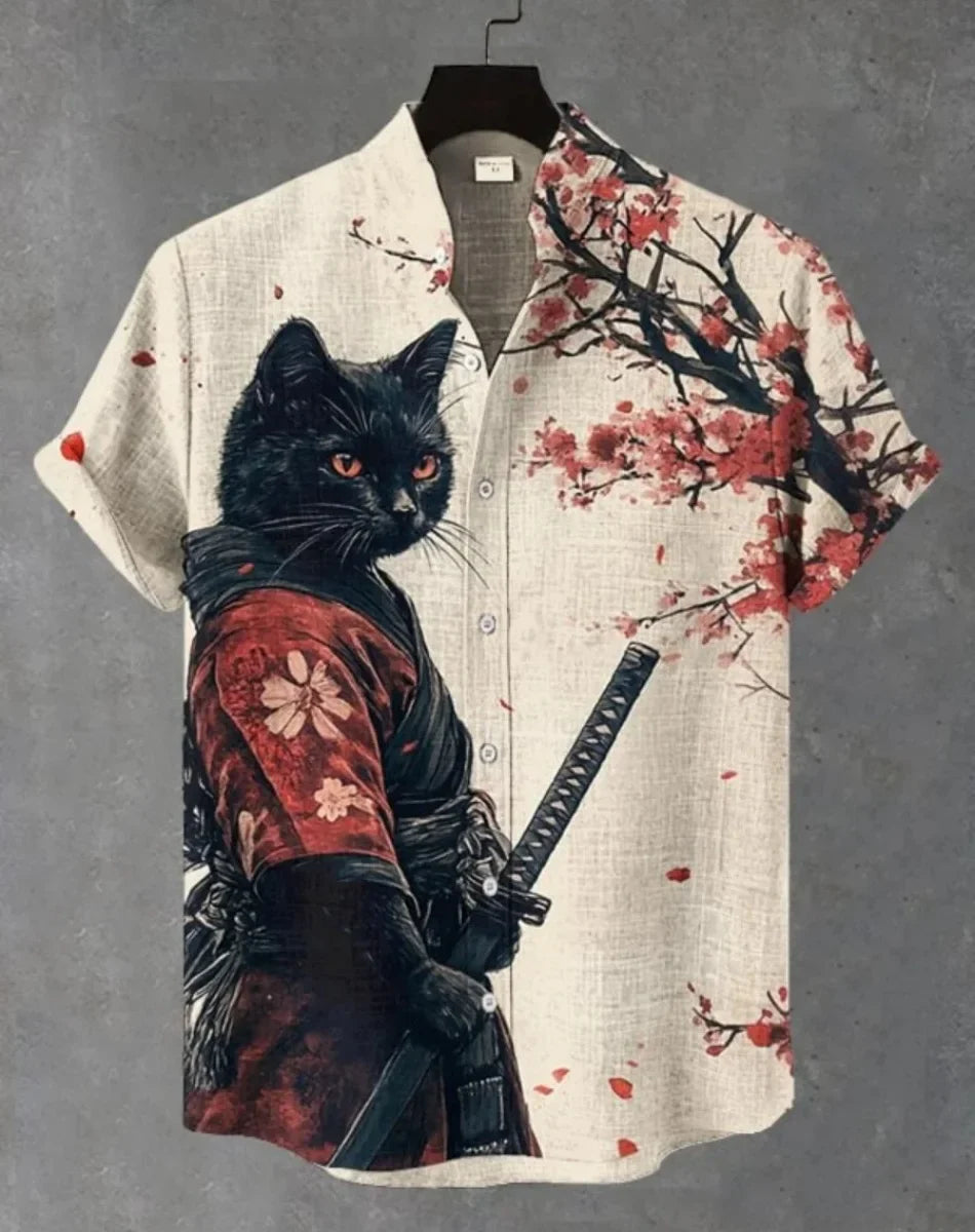 Men's Samurai Hawaiian Shirt Casual Short Sleeve Top Loose Clothing Fashion Retro Summer Shirt
