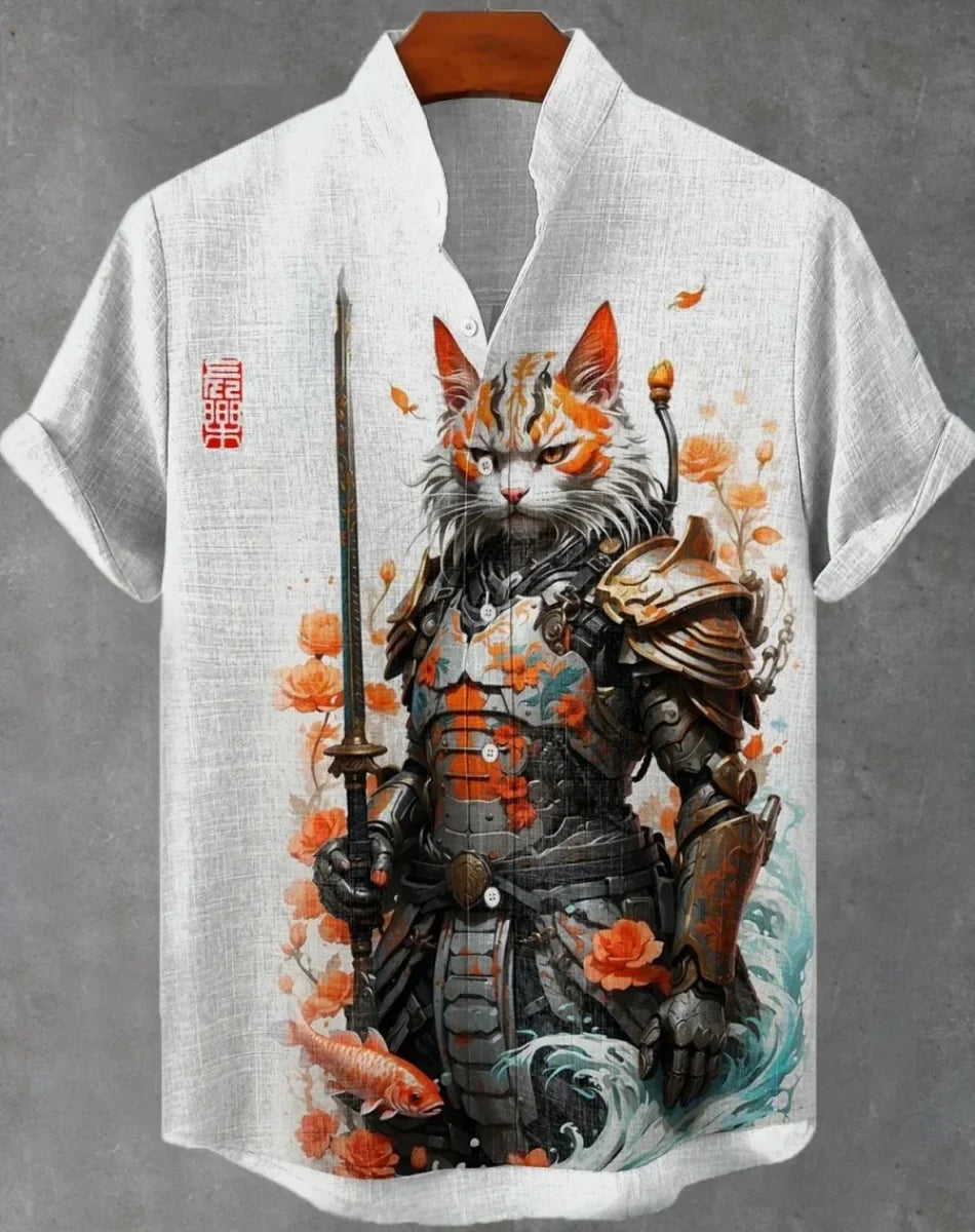 Men's Samurai Hawaiian Shirt Casual Short Sleeve Top Loose Clothing Fashion Retro Summer Shirt