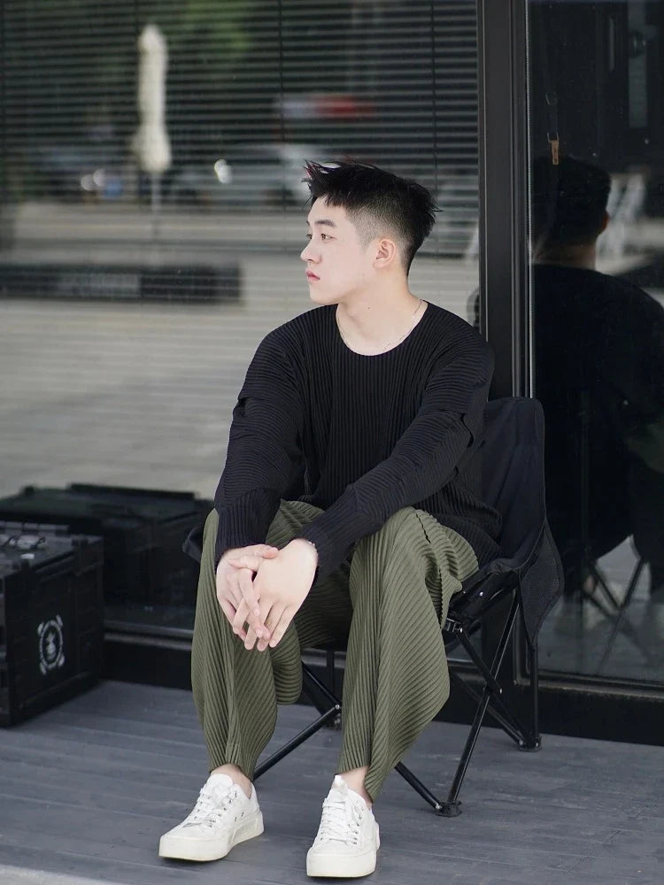Pleated Man Loose Cargo Pants Nine-point Pants Fashion Casual Streetwear Miyake Pants