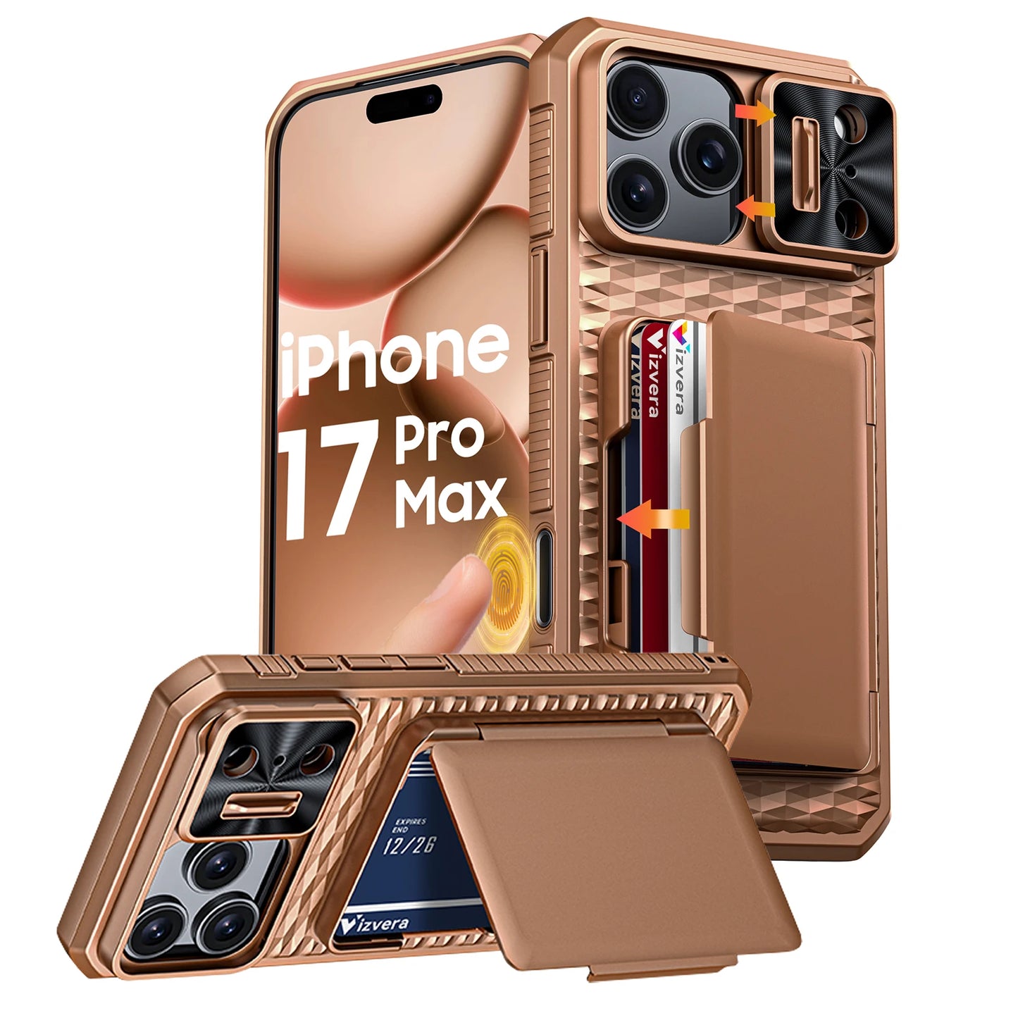 For iPhone 17 Pro Max Case,Wallet - Full Body Protective with Card Holder (4 Cards) Camera Cover & Kickstand-Orange