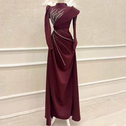 Elegant High Neck Muslim Evening Dress with Beaded Long Sleeve Pleat A-Line Floor Length Women Party Banquet Custom Zipper Gowns
