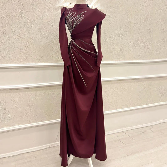 Elegant High Neck Muslim Evening Dress with Beaded Long Sleeve Pleat A-Line Floor Length Women Party Banquet Custom Zipper Gowns