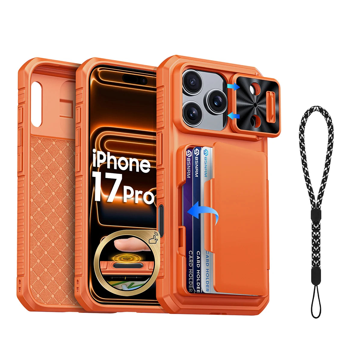Halloween Gifts With Card Holder Sliding Camera Cover And Stand For iPhone 17 Pro Case,Anti-Fall PC+TPU Wallet Case-Black