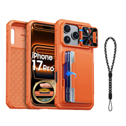 Halloween Gifts With Card Holder Sliding Camera Cover And Stand For iPhone 17 Pro Case,Anti-Fall PC+TPU Wallet Case-Black