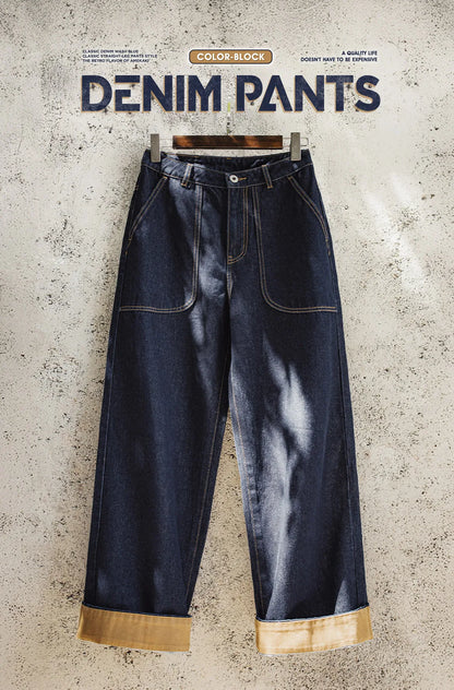 Women’s Loose Straight Leg Denim Jeans  Casual Pants with Paris Buckle Wide Leg Autumn Vintage Trousers