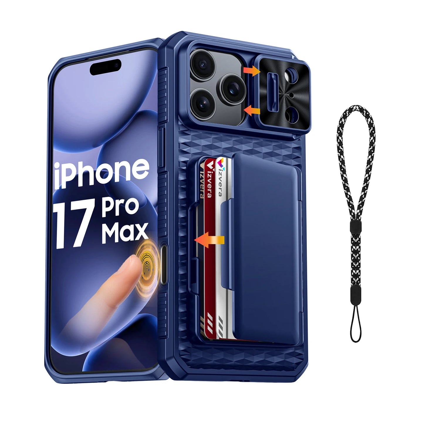 With Card Holder Sliding Camera Cover And Stand For iPhone 17 Pro/17 Pro Max Phone Case, Anti-Fall PC+TPU Wallet Case-Orange