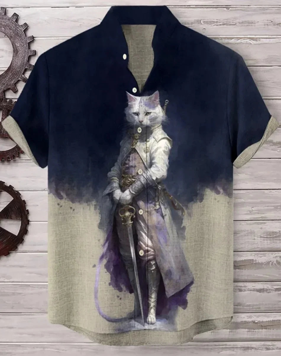 Men's Samurai Hawaiian Shirt Casual Short Sleeve Top Loose Clothing Fashion Retro Summer Shirt