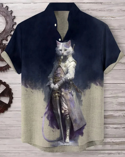 Men's Samurai Hawaiian Shirt Casual Short Sleeve Top Loose Clothing Fashion Retro Summer Shirt