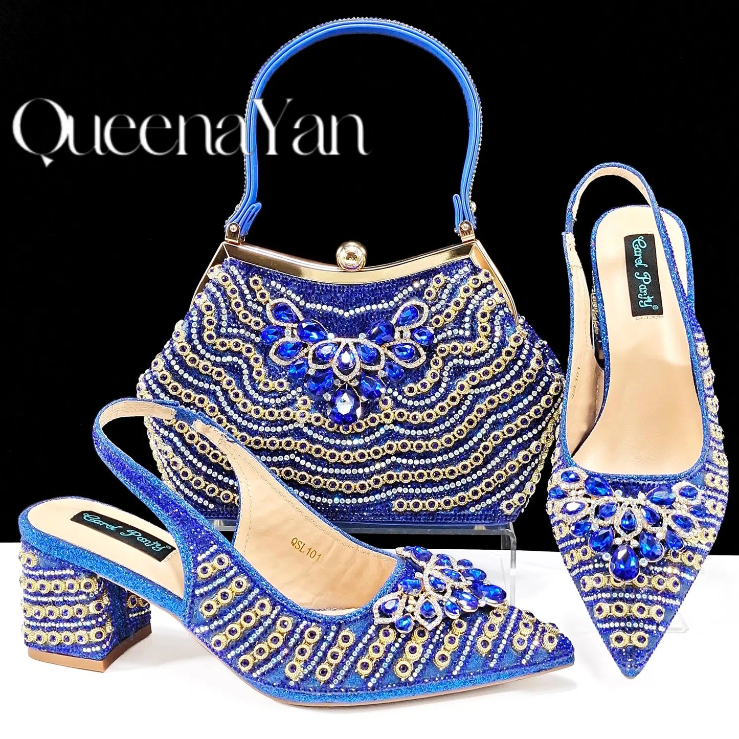 Dazzling Dreams: Full Rhinestone High Heels and Coordinated Bag for Timeless Style