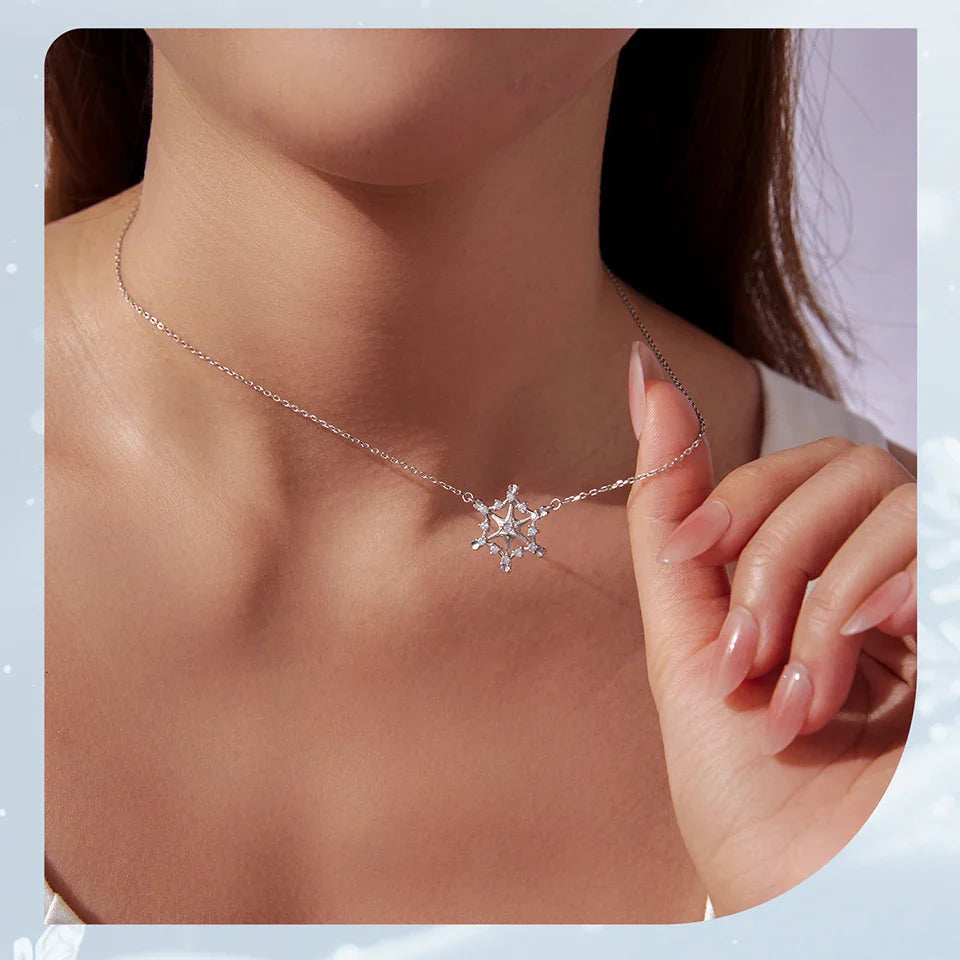 925 Sterling Silver Snowflake Pendant Necklace Sparkling Hexagram CZ Link  O-Chain Original for Women Xmas Winter Gift