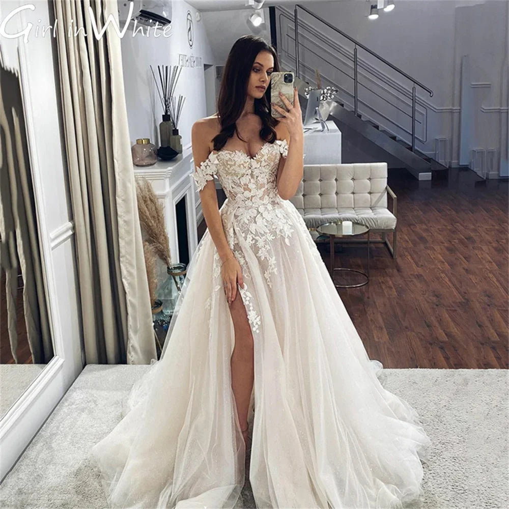 Romantic A Line Side Slit Wedding Dress Off The Shoulder Wedding Gown Lace Appliques customized Bride Gown vestidos de novia