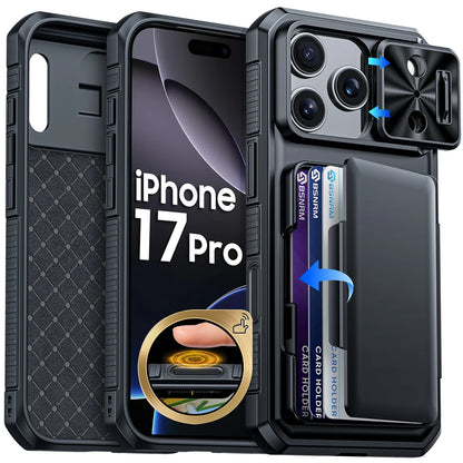 Halloween Gifts With Card Holder Sliding Camera Cover And Stand For iPhone 17 Pro Case,Anti-Fall PC+TPU Wallet Case-Black