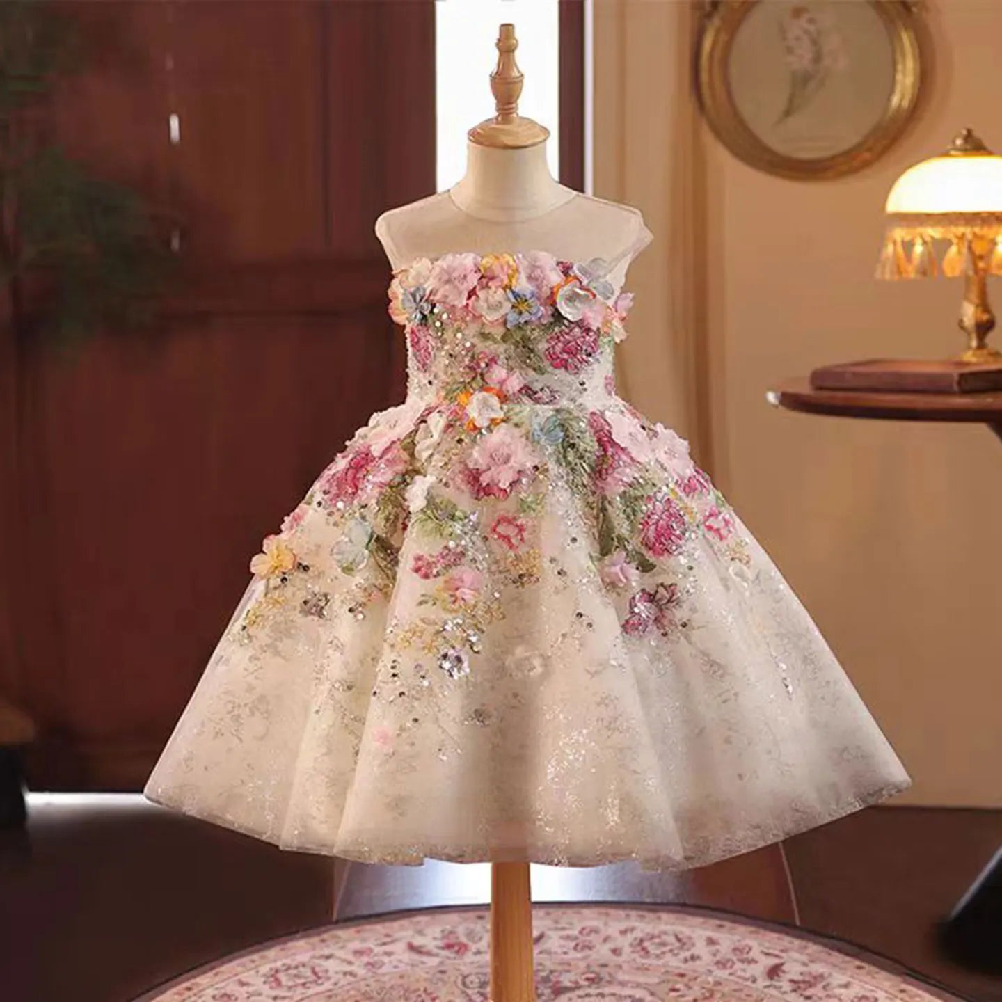 J404A Floral Flower Girl Dress Lace Flowers Sleeveless Princess Toddler Kids Wedding 1st Birthday Pageant Party Gown