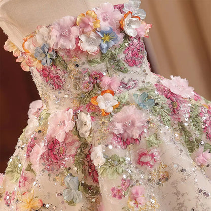 J404A Floral Flower Girl Dress Lace Flowers Sleeveless Princess Toddler Kids Wedding 1st Birthday Pageant Party Gown